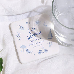 Porta-copo De Papel Quadrado Chá de Bebê Menino Azul Italiano Ciao Bambino