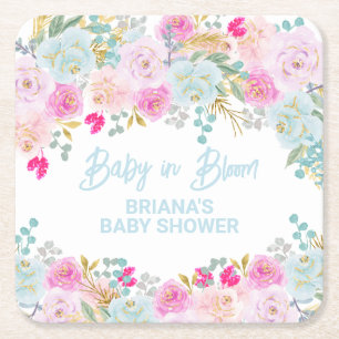 Porta-copo De Papel Quadrado Chá de Bebê Menino Floral Azul