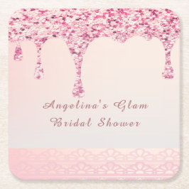 Porta-copo De Papel Quadrado Chá de Bebê Nupcial com Brilho Glam Rosa Elegante