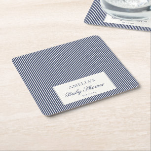 Porta-copo De Papel Quadrado Chá de Bebê Préppy com Listra de Ticking Azul Mari