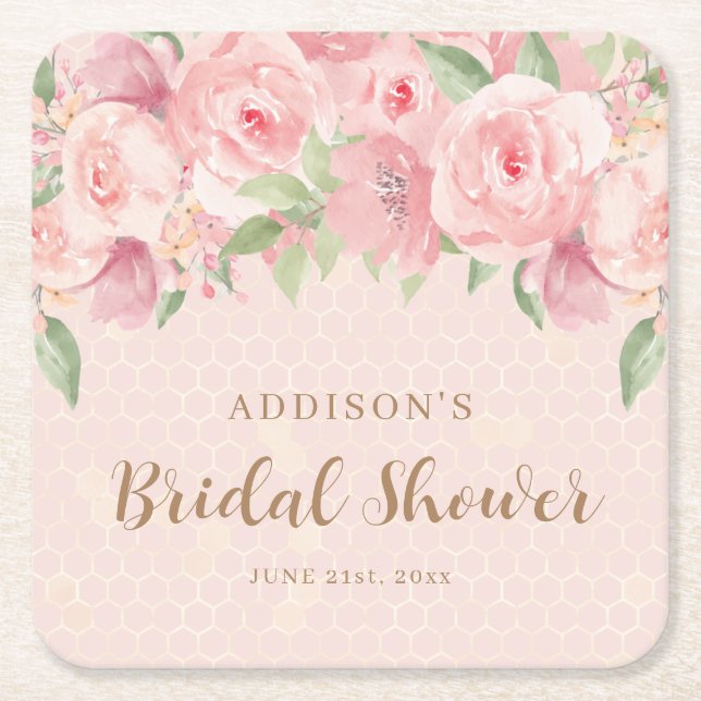 Porta-copo De Papel Quadrado Chá de Bebê Rosa Dourado Floral Aquarela (Frente)