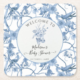 Porta-copo De Papel Quadrado Chá de fraldas Azul Floral Elegante e Branco