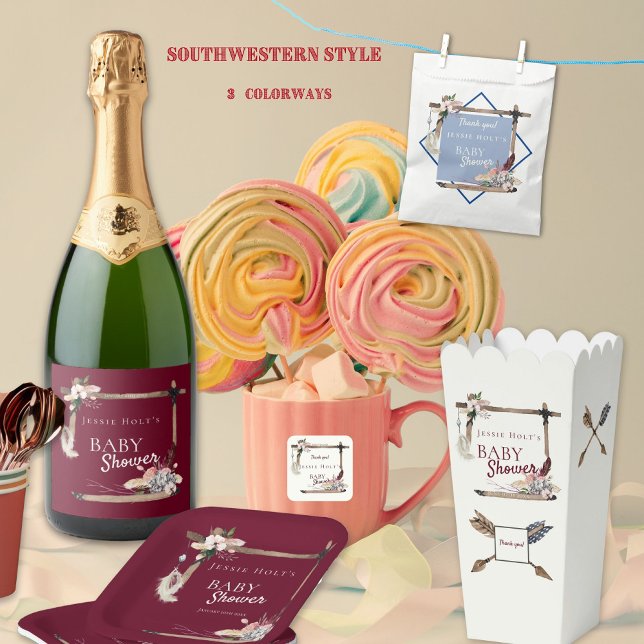 Porta-copo De Papel Quadrado Chá de fraldas Burgundy Boho Sudoeste (Burgundy Southwestern boho style for a stylish Baby Shower.)