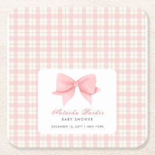Porta-copo De Papel Quadrado Chá de fraldas de Arco de Gingham, rosa-branca,
