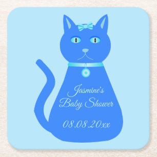 Porta-copo De Papel Quadrado Chá de fraldas Personalizado De Gato De Bebê Azul