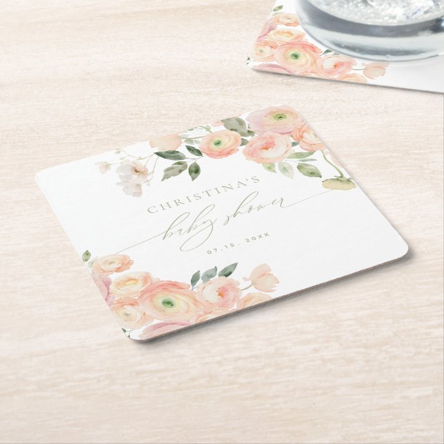 Porta-copo De Papel Quadrado Chá de fraldas Verde Elegante Blush & Sage (Inclinado)