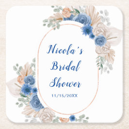 Porta-copo De Papel Quadrado Chá de Noiva Azul Boho com Grama de Pampas