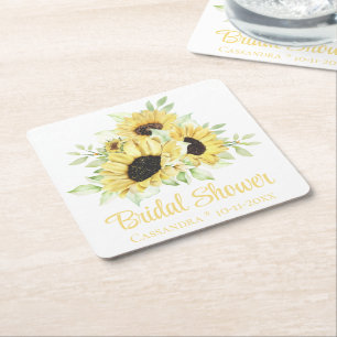 Porta-copo De Papel Quadrado Chá de Noiva Floral Amarelo Aquarela Girassol