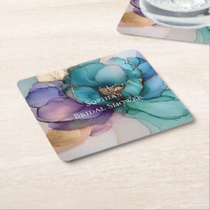 Porta-copo De Papel Quadrado Chá de Noiva Floral Azul Aqua Roxo Dourado
