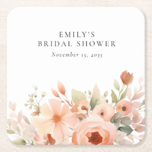 Porta-copo De Papel Quadrado Chá de Noiva Floral Boho Pêssego
