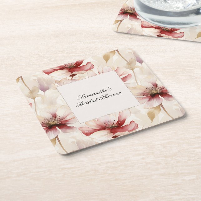 Porta-copo De Papel Quadrado Chá de Noiva Floral Creme Borgonha (Inclinado)