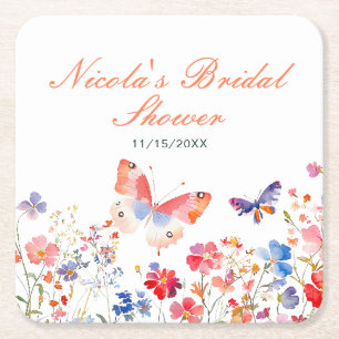 Porta-copo De Papel Quadrado Chá de Noiva Floral de Verão Borboleta