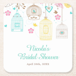 Porta-copo De Papel Quadrado Chá de Noiva Floral Elegante em Amarelo e Rosa