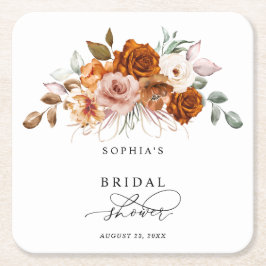 Porta-copo De Papel Quadrado Chá de Noiva Floral em Terracota Laranja Queimada