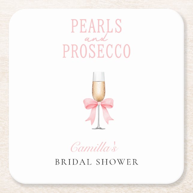 Porta-copo De Papel Quadrado Chá de Noiva Pérolas Rosa & Prosecco (Frente)
