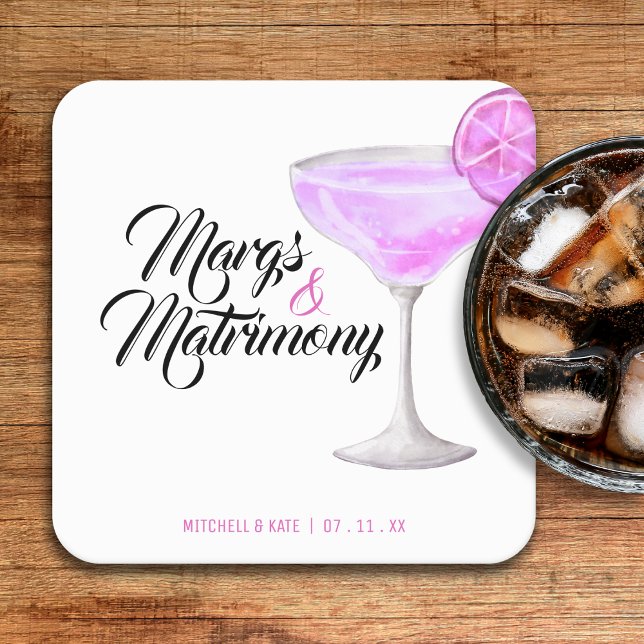 Porta-copo De Papel Quadrado Chá de Noiva Rosa Margs e Matrimônio (Margs & Matrimony Pink Bridal Shower Square Paper Coaster
)