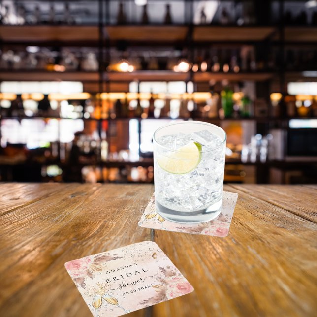 Porta-copo De Papel Quadrado Chá de noiva rosa pampas dourado champanhe (Criador carregado)