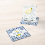 Porta-copo De Papel Quadrado Chá de panela Azulejo azul-limão do Mediterrâneo<br><div class="desc">Bonito limão e chá de panela de casamento italiano de azulejo azul podem resfriar. Personalize-os com o nome das noivas para o chá de panela ou festa de solteira. Perfeito para o seu chá de panela de limão. Projetado para você pelo Blackberry Boulevard.</div>