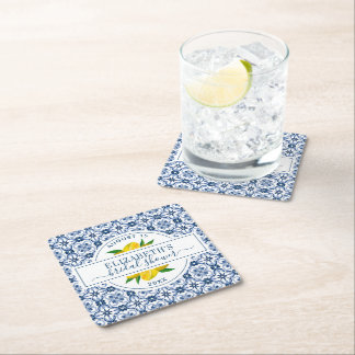 Porta-copo De Papel Quadrado Chá de panela Azulejo azul-limão do Mediterrâneo