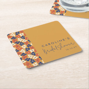 Porta-copo De Papel Quadrado Chá de panela Botânico Azul-Mostarda Boho Personal