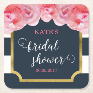 Porta-copo De Papel Quadrado Chá de panela cor-de-rosa das listras azuis dos