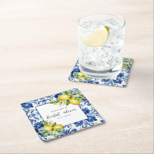 Porta-copo De Papel Quadrado Chá de panela de limões Azulejos azuis do Mediterr