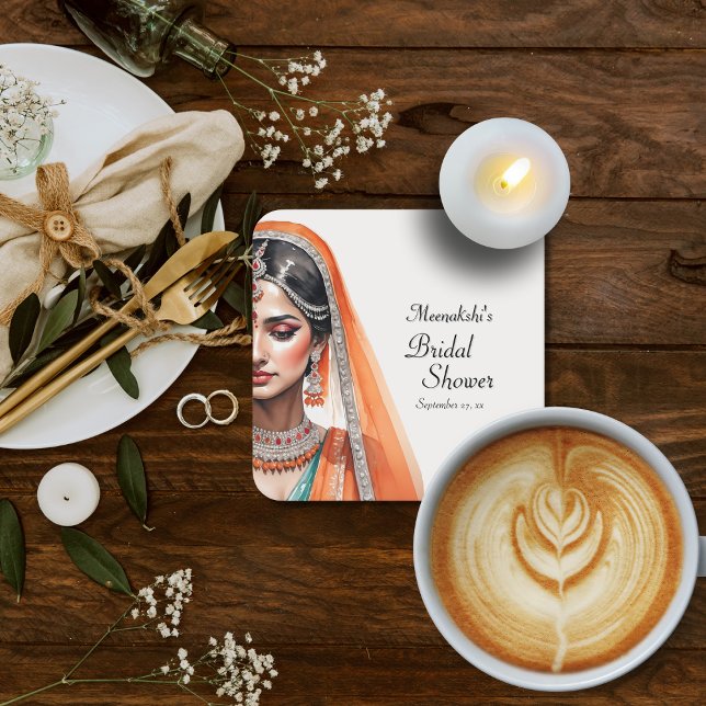 Porta-copo De Papel Quadrado Chá de panela Étnico Indiano De Lehenga Choli (Flat lay indian heritage lehenga choli bride to be – Bollywood Bridal Shower Coaster)