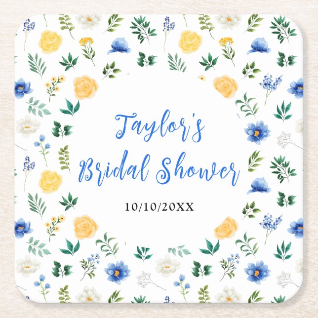 Porta-copo De Papel Quadrado Chá de panela Floral Azul e Amarelo (Frente)