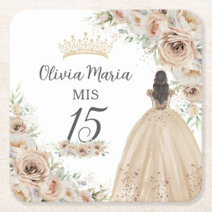 Porta-copo De Papel Quadrado Champagne Beige Floral Princesa Quinceañera