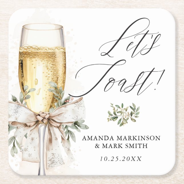 Porta-copo De Papel Quadrado Champagne Let's Toast Winter Engagement (Frente)
