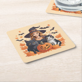 Porta-copo De Papel Quadrado Chapéus de bruxas e abóboras no Halloween