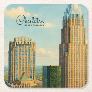 Porta-copo De Papel Quadrado Charlotte NC Aquarela Paisagem Urbana Viagem