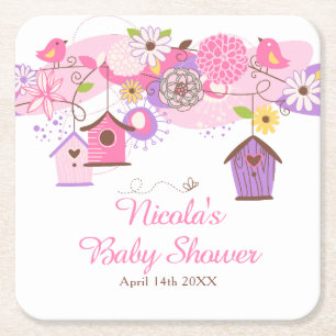Porta-copo De Papel Quadrado Chás de Bebê em Gaiolas de Pássaros Florais Rosa e