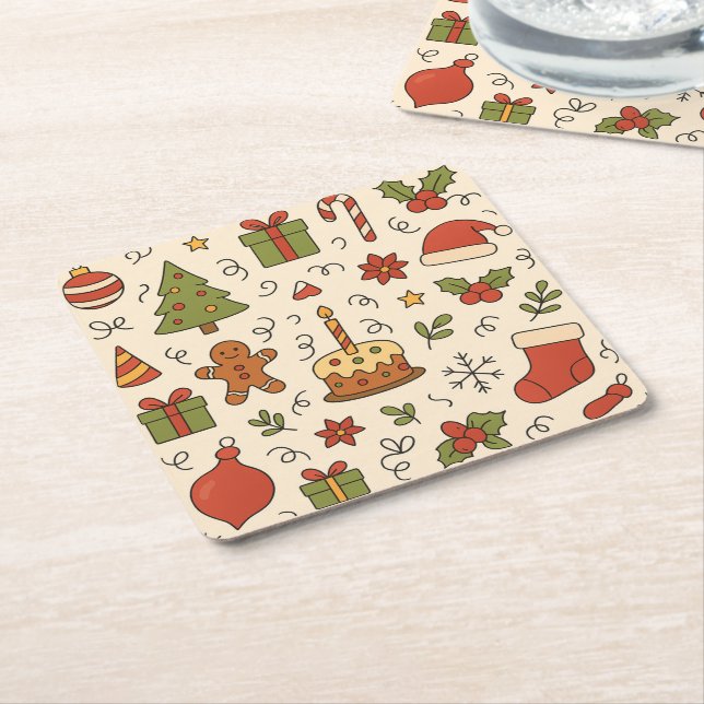 Porta-copo De Papel Quadrado Cheerful Christmas Doodle Pattern (Inclinado)