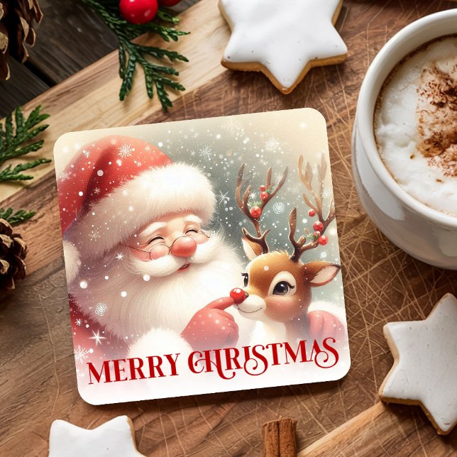 Porta-copo De Papel Quadrado Cheerful Santa Claus Rudolph Christmas Drink  (Cheerful Santa Claus Rudolph Christmas Drink Coasters)