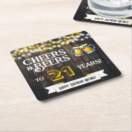 Porta-copo De Papel Quadrado Cheers and Beers to 21 Years Rustic Birthday
