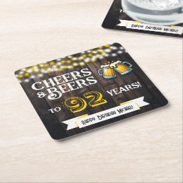 Porta-copo De Papel Quadrado Cheers and Beers to 92 Years Rustic Birthday