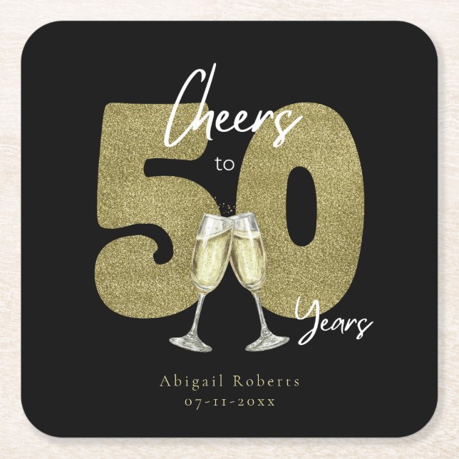 Porta-copo De Papel Quadrado Cheers To 50 Years Black Gold  (Frente)
