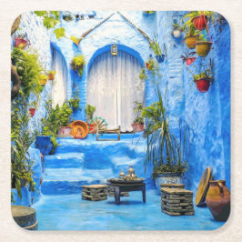 Porta-copo De Papel Quadrado Chefchaouen Blue City Marrocos Oil Painting Boho
