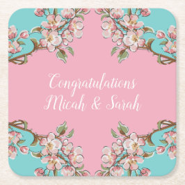 Porta-copo De Papel Quadrado Cherry Blossom Teal Retro Vintage Chá de fraldas