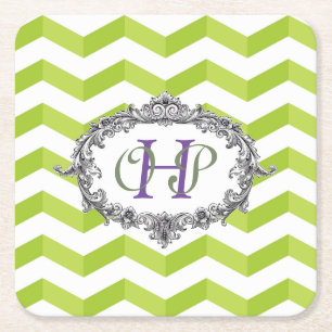 Porta-copo De Papel Quadrado Chevron e Moldura Oval Verde e Branco c/ Monograma