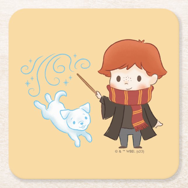 Porta-copo De Papel Quadrado Chibi Ron Weasley Patronus (Frente)
