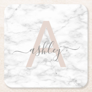 Porta-copo De Papel Quadrado Chic Blush White Marble Script Name Monogramo