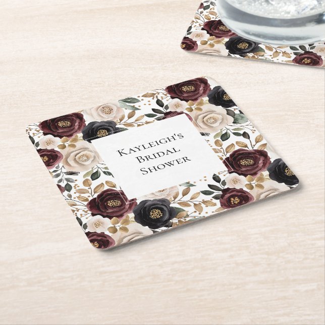 Porta-copo De Papel Quadrado Chic Burgundy Creme Floral Chá de Noiva (Inclinado)