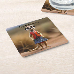 Porta-copo De Papel Quadrado Chic e Na moda: Meerkat Girl in Skirt and Jaqueta