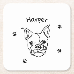 Porta-copo De Papel Quadrado Chic French Bulldog Line Art: Edite seu texto