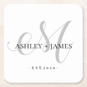 Porta-copo De Papel Quadrado Chic Silver M Monograma Nome do Script Data de Cas