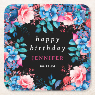 Porta-copo De Papel Quadrado Chic Watercolor Floral Happy Birday Black