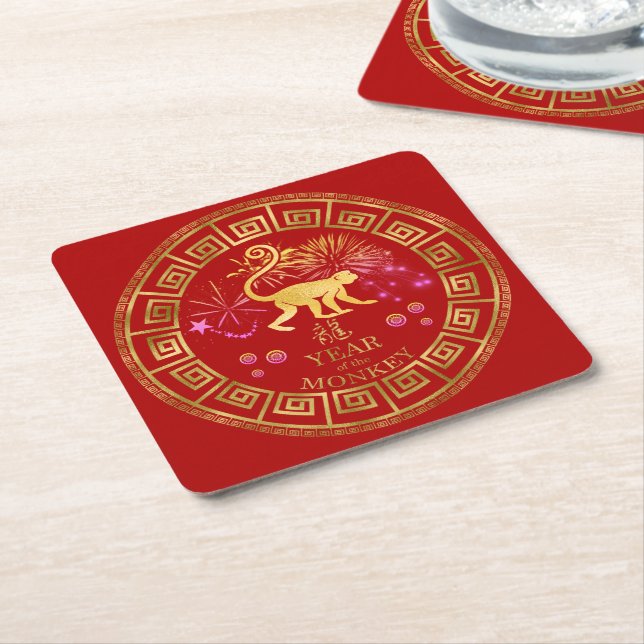 Porta-copo De Papel Quadrado Chinês Zodiac Macaco Vermelho/Dourado ID542 (Inclinado)