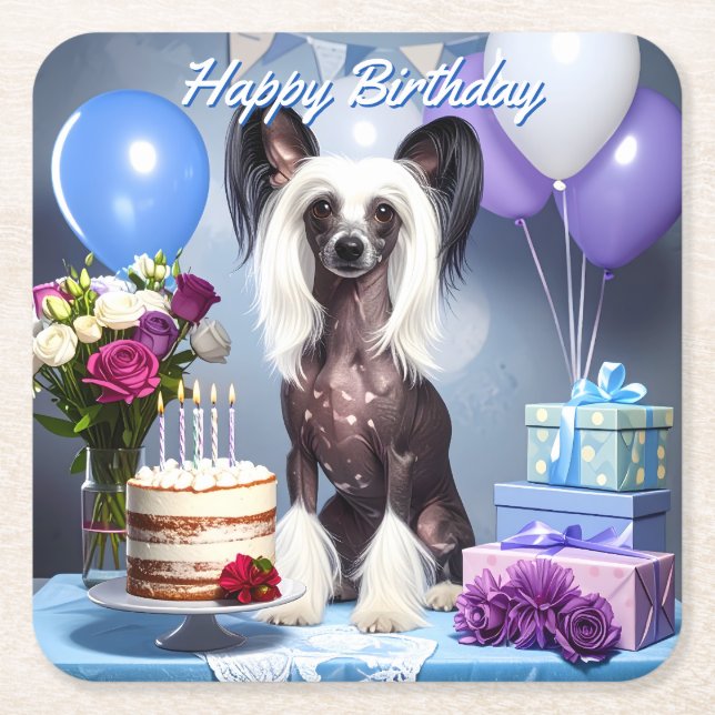 Porta-copo De Papel Quadrado Chinese Crested Birthday (Frente)